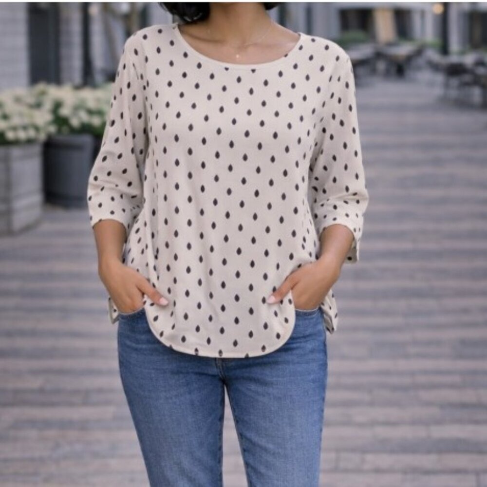 DKNYC Cream Black White Dotted Casual Dress Blouse Size: Large